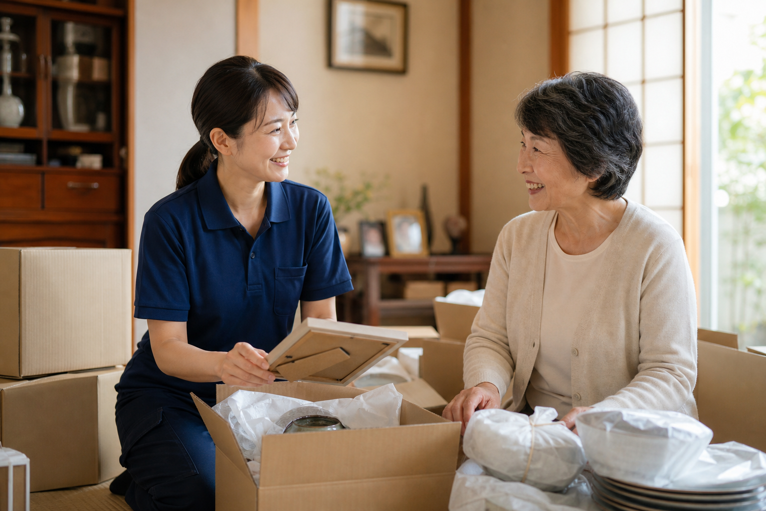 女性スタッフがお客様と笑顔で話しながら遺品整理の相談をしている様子