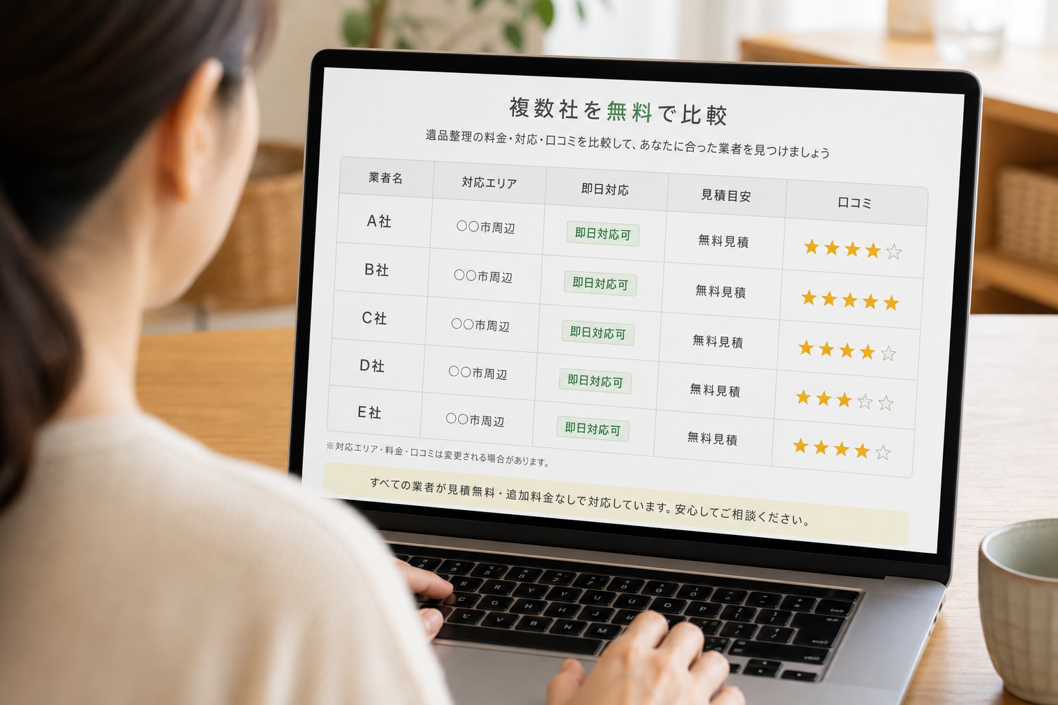 パソコン画面で複数の遺品整理業者を無料比較しながら相談している様子